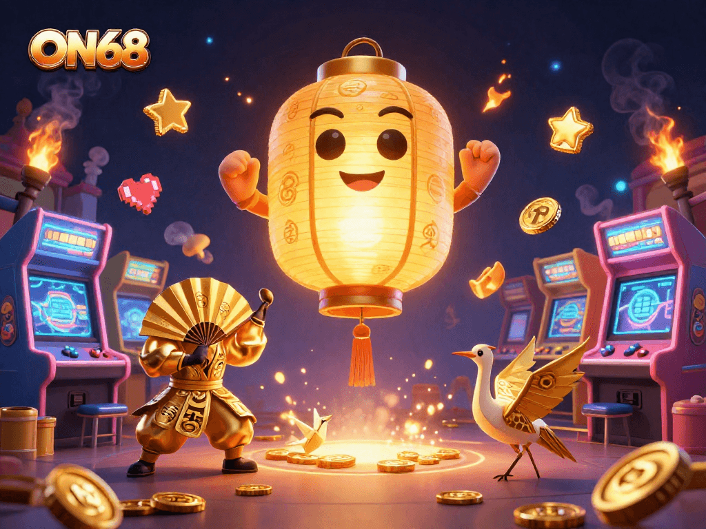 Engage in ON68's vibrant gaming scene featuring animated characters and colorful casino elements.