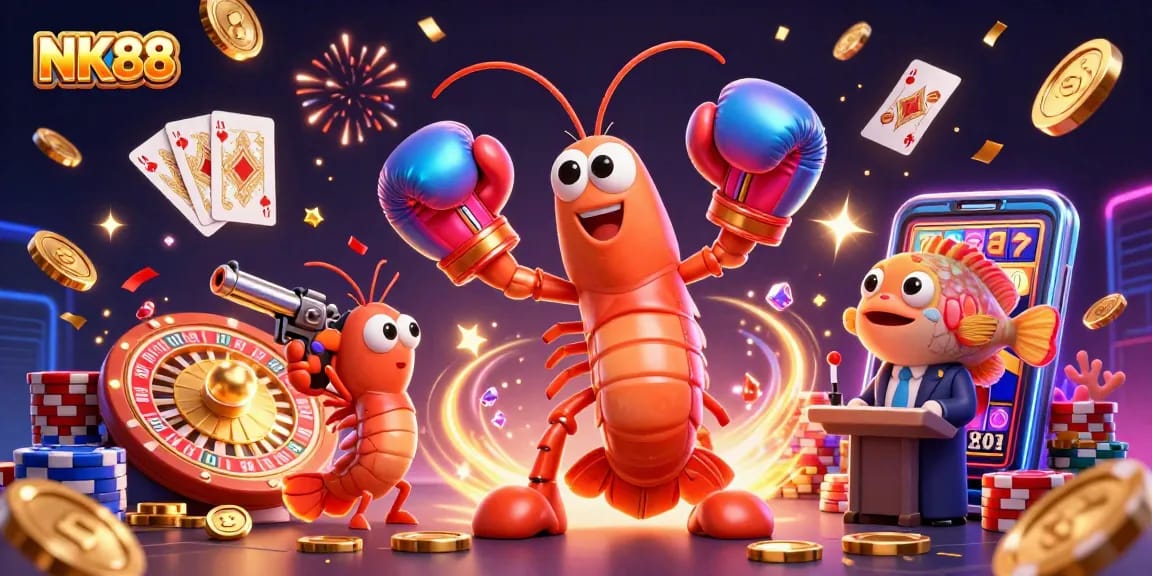 Experience the excitement at NK88 with vibrant casino elements and lively characters in an engaging 3D scene.