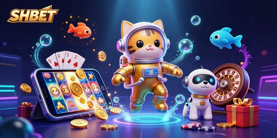 SHBET offers a vibrant gaming adventure showcasing wins in a neon-lit cosmic casino.