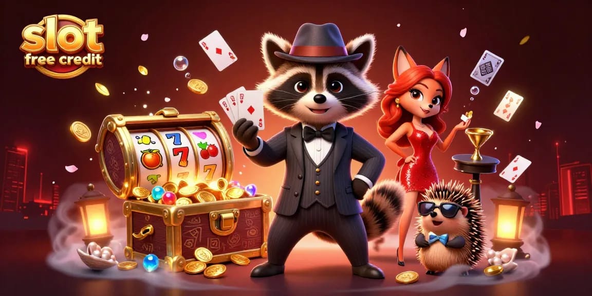 Play slots with slot free credit while enjoying a vibrant casino adventure featuring charming characters.