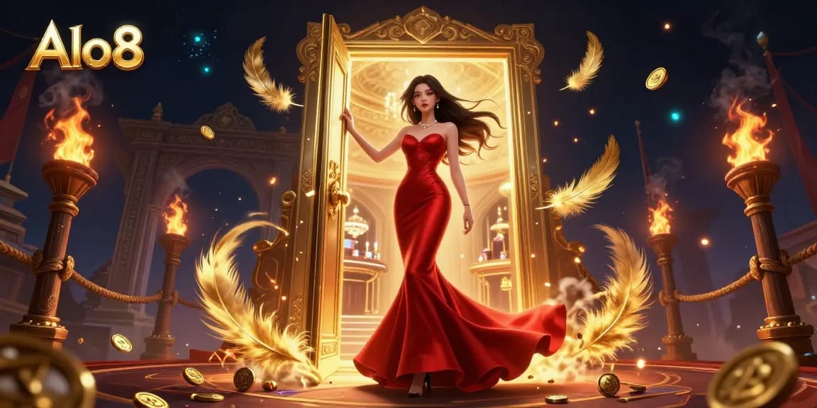 Alo8 captivates players with vibrant casino visuals highlighting a stunning Asian woman in a mermaid gown.