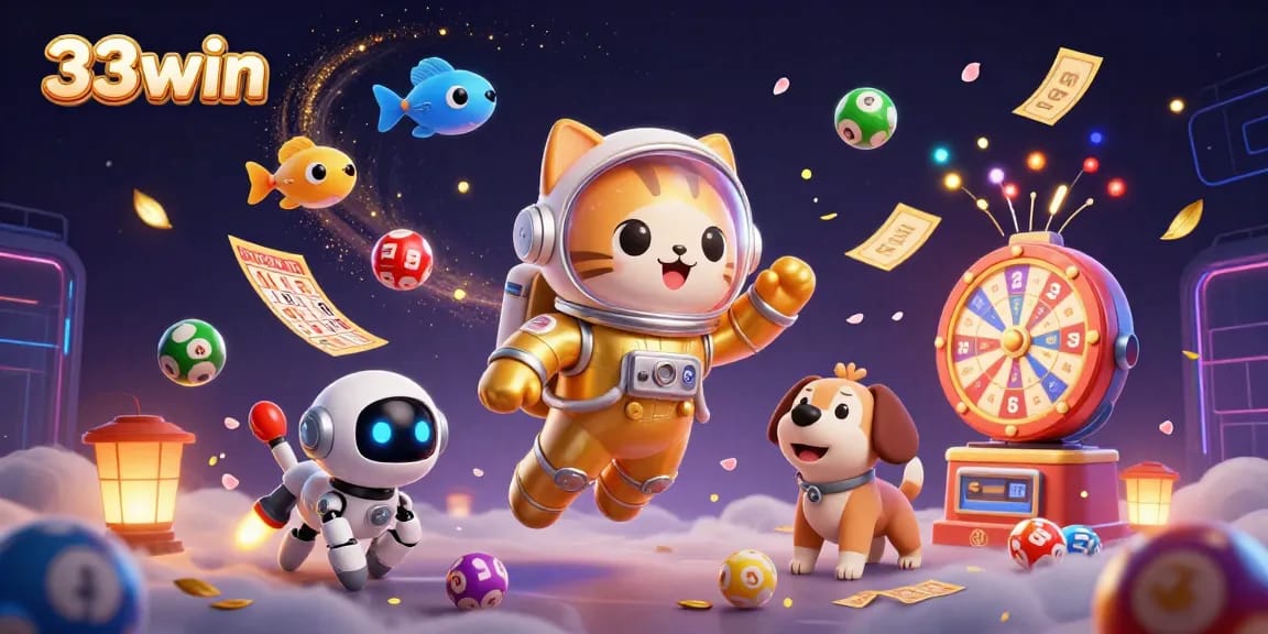 Experience thrilling gaming action with 33win as colorful balls and golden tickets whirl in a vibrant casino scene