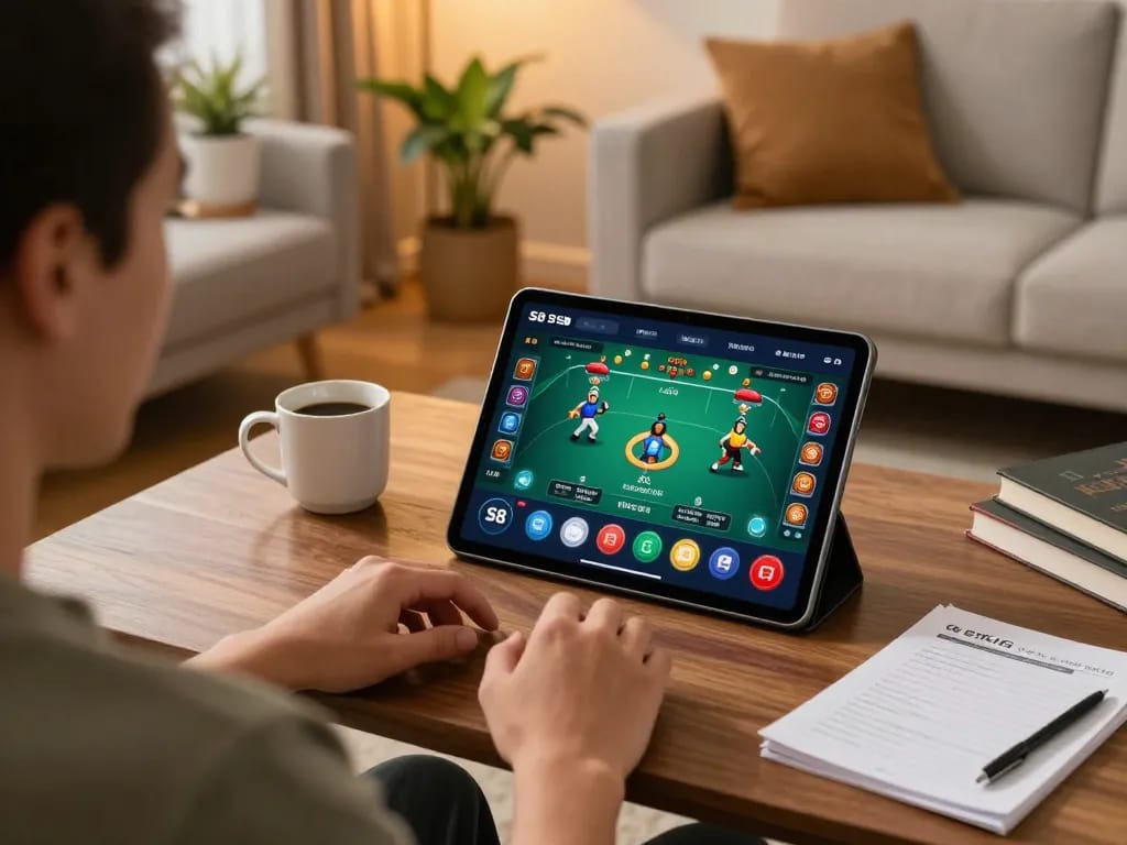 Players engaging with the S8 app in a stylish home for online gambling.