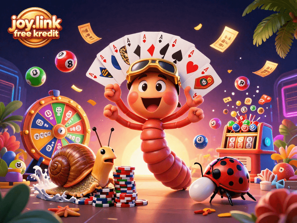 Experience the thrill of joy.link free kredit with vibrant characters and dynamic gambling elements in a colorful scene.