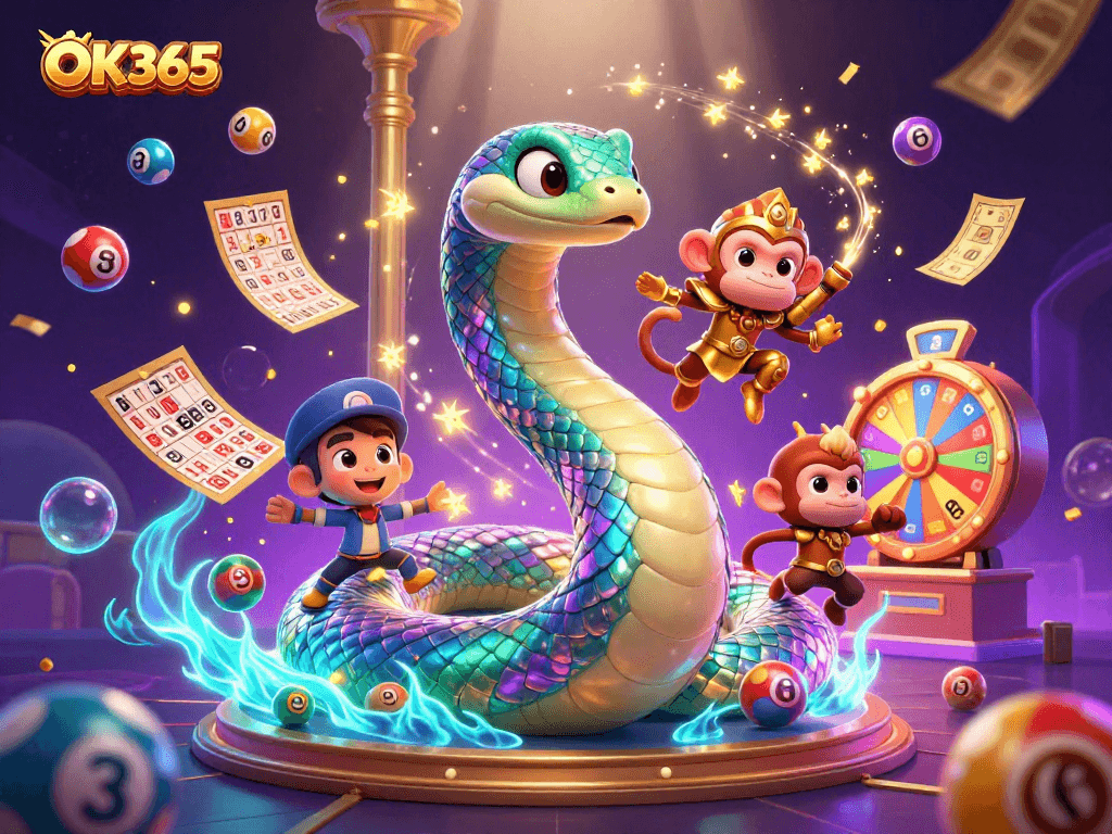 Engage with OK365 for exciting lottery games amidst animated elements and vibrant characters.