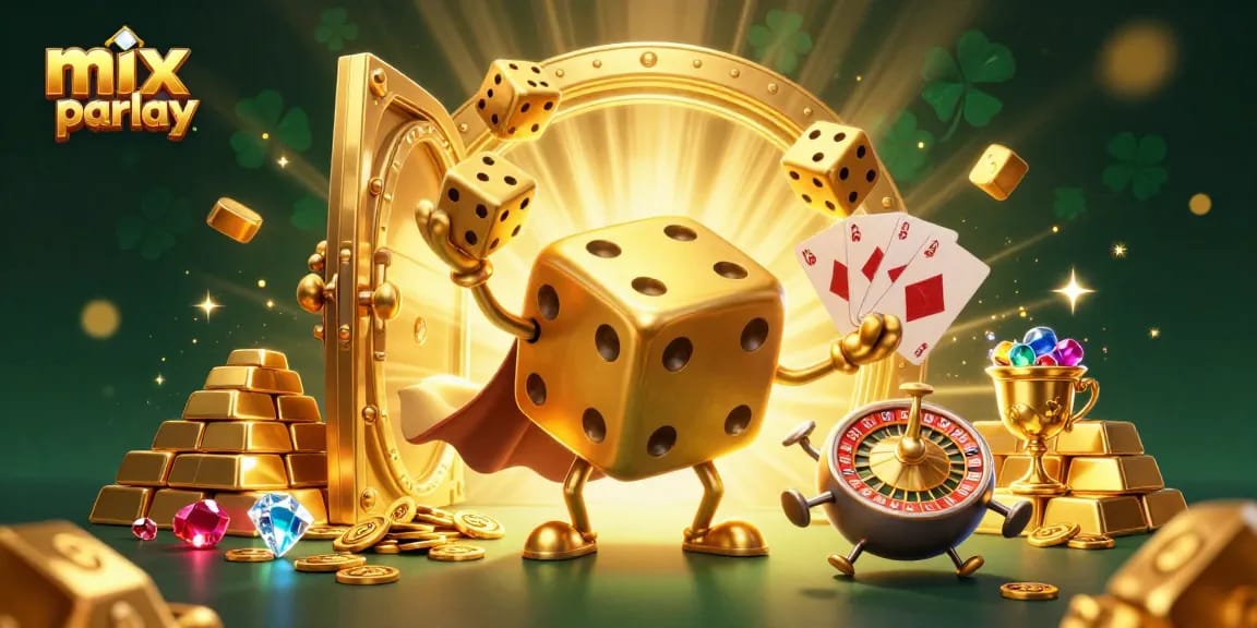 Menang taruhan mix parlay dengan ilustrasi 3D yang menampilkan dadu emas dan elemen kasino lainnya.
