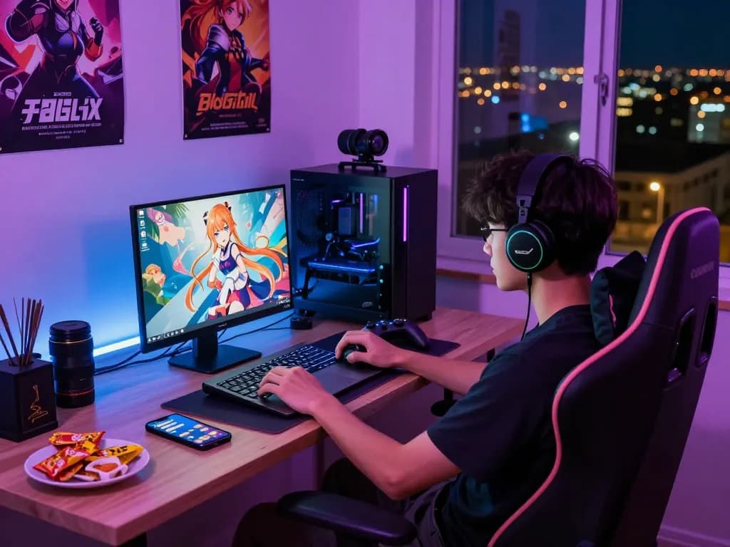 Engaged player joyfully plays porn games on laptop surrounded by cozy gaming elements.