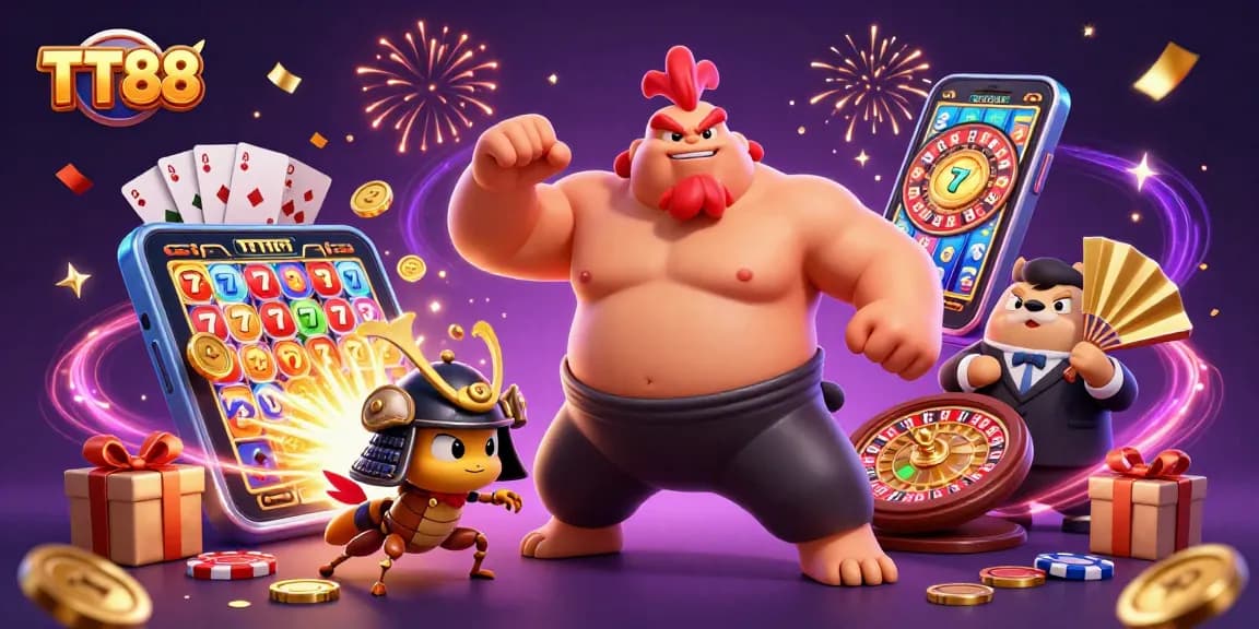 Experience thrilling gameplay at TT88 with a dynamic scene featuring a powerful sumo wrestler, fierce cricket, and casino games.