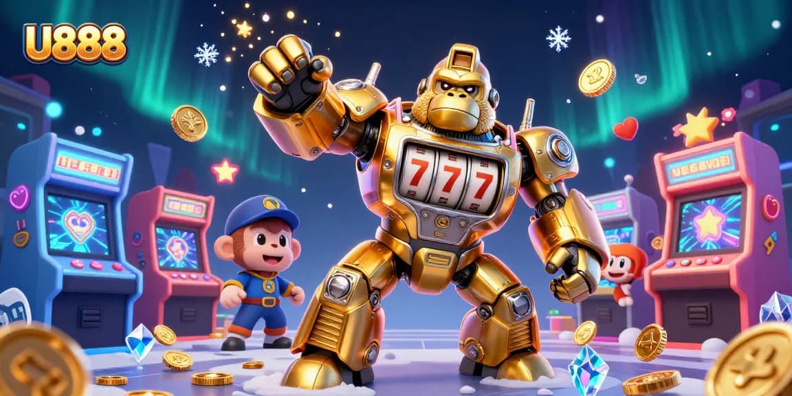 Experience U888's gaming excitement with an ultra-detailed 3D illustration of a golden gorilla mech.