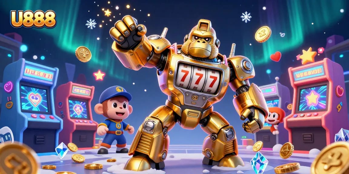 Experience U888's gaming excitement with an ultra-detailed 3D illustration of a golden gorilla mech.