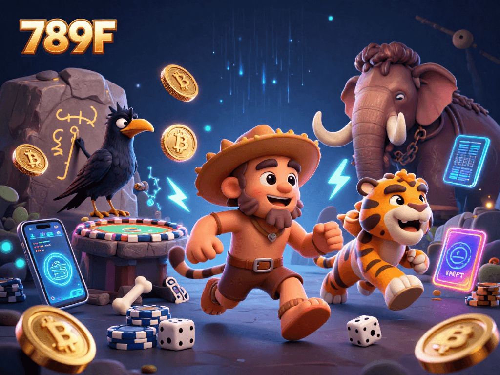Engage in thrilling gaming with 789F, where ancient cavemen meet modern cryptocurrency at a vibrant casino.