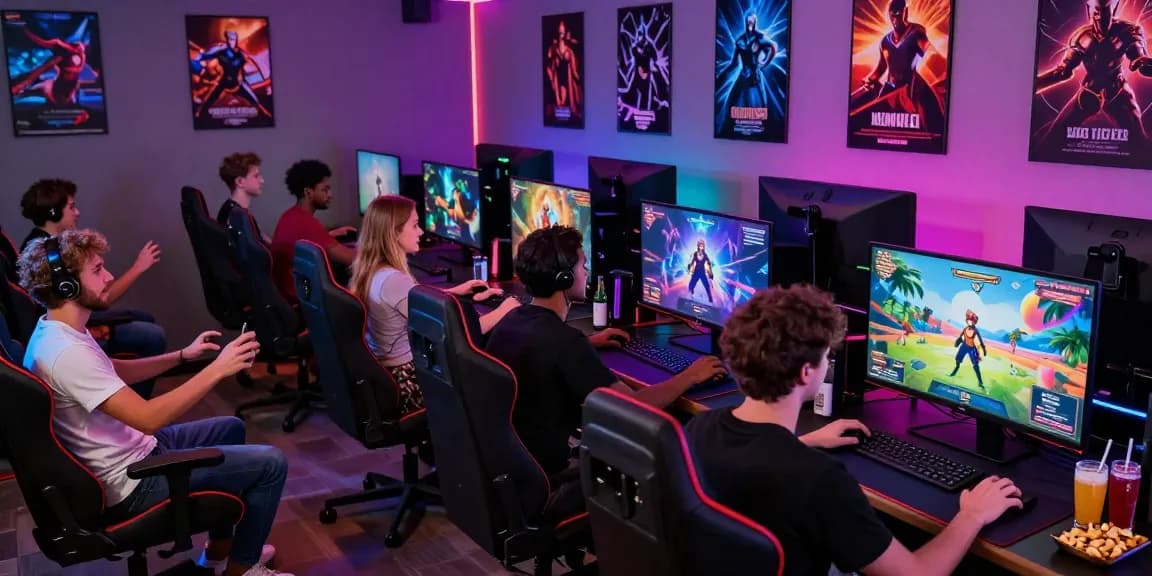 Players enjoying diverse adult games in a vibrant gaming lounge setting, showcasing exciting 3D sex simulators and interactive adventures.