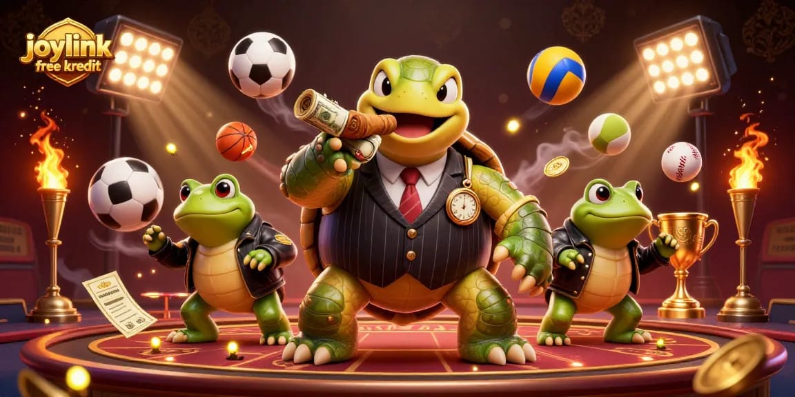 Engage with joylink free kredit promotions in a vibrant 3D casino scene featuring dynamic sports elements.