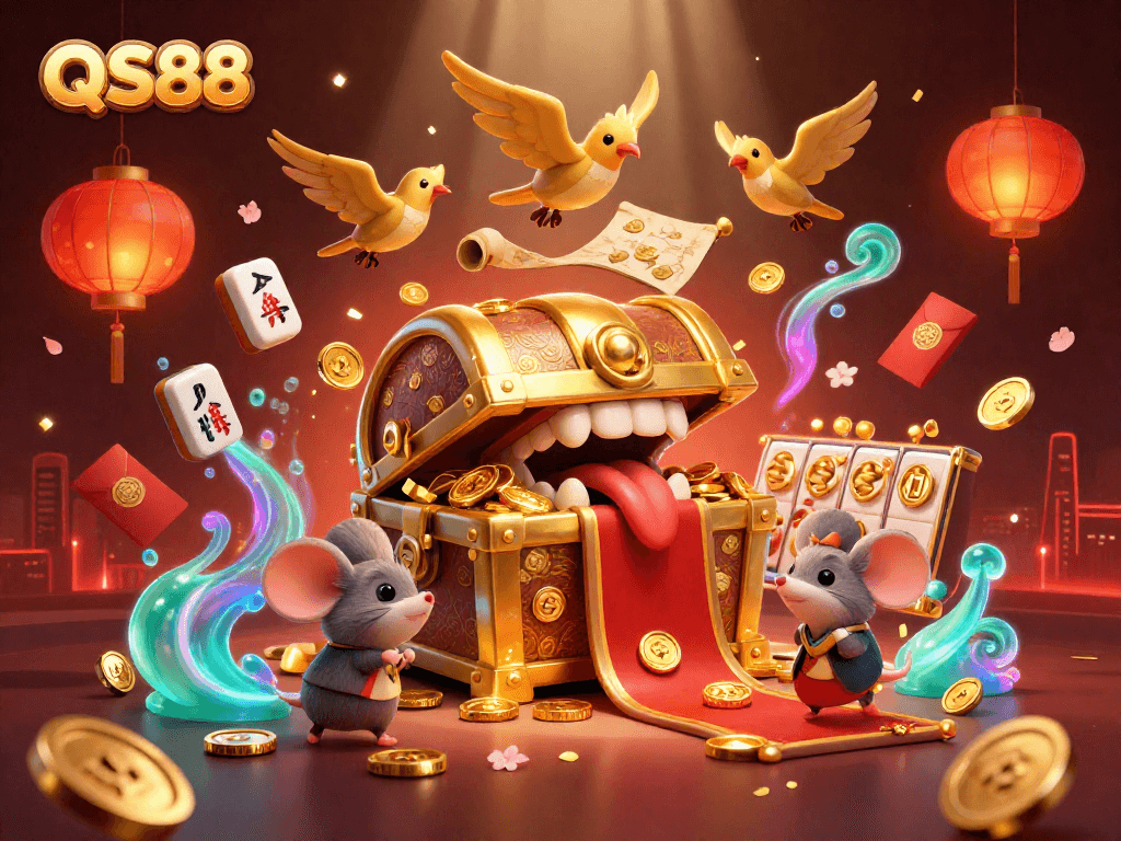Engage with QS88's thrilling slots as mice explore a treasure chest amidst vibrant casino elements.