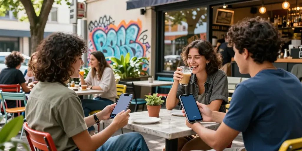Suasana kafe modern dengan orang menikmati aplikasi rokok88 di smartphone.