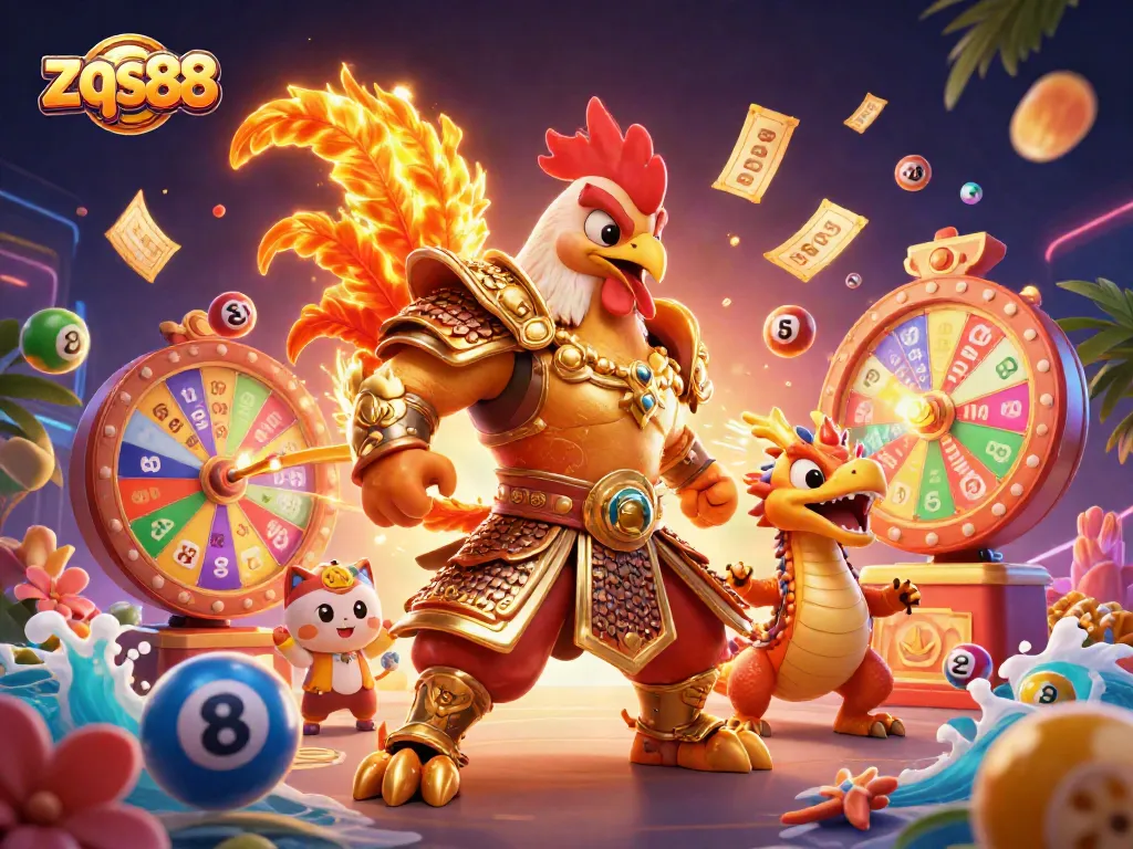 Engage in thrilling gambling action with zqs88 featuring a samurai rooster and dragon in a dynamic gaming scene.