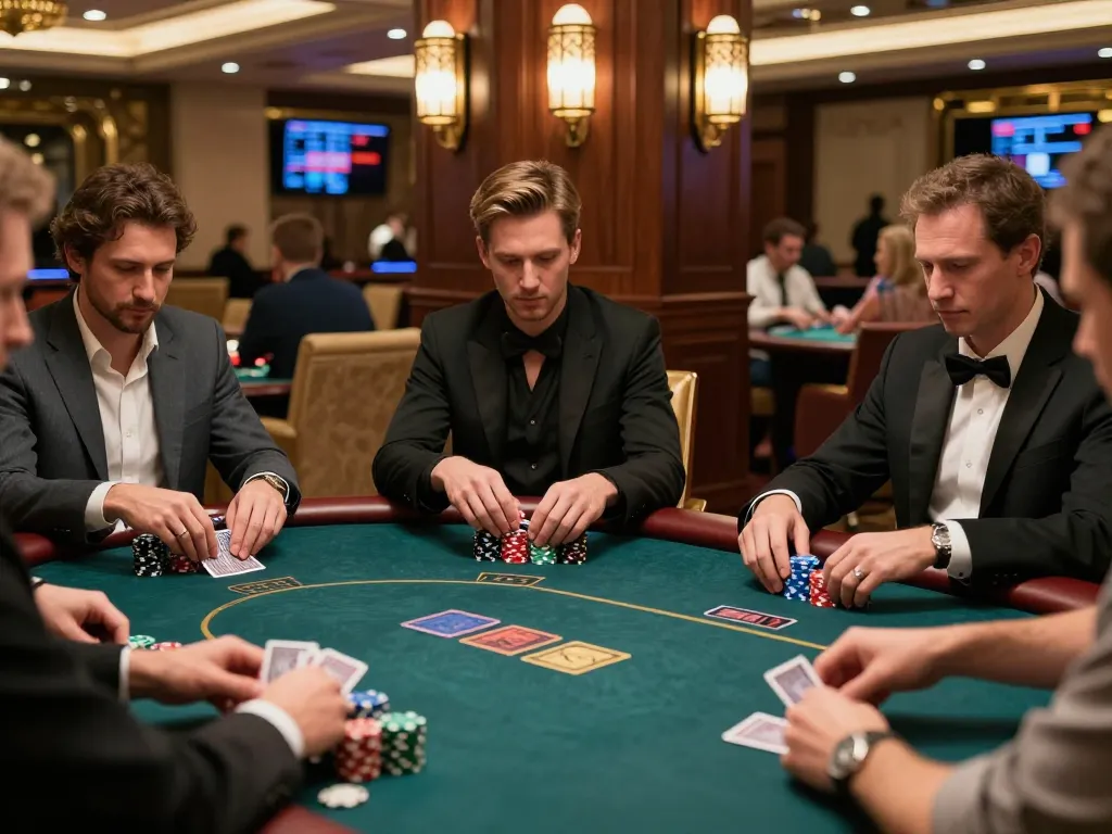 Players strategizing at a high-stakes table while tracking keo nha cai betting options amidst a luxurious casino atmosphere.