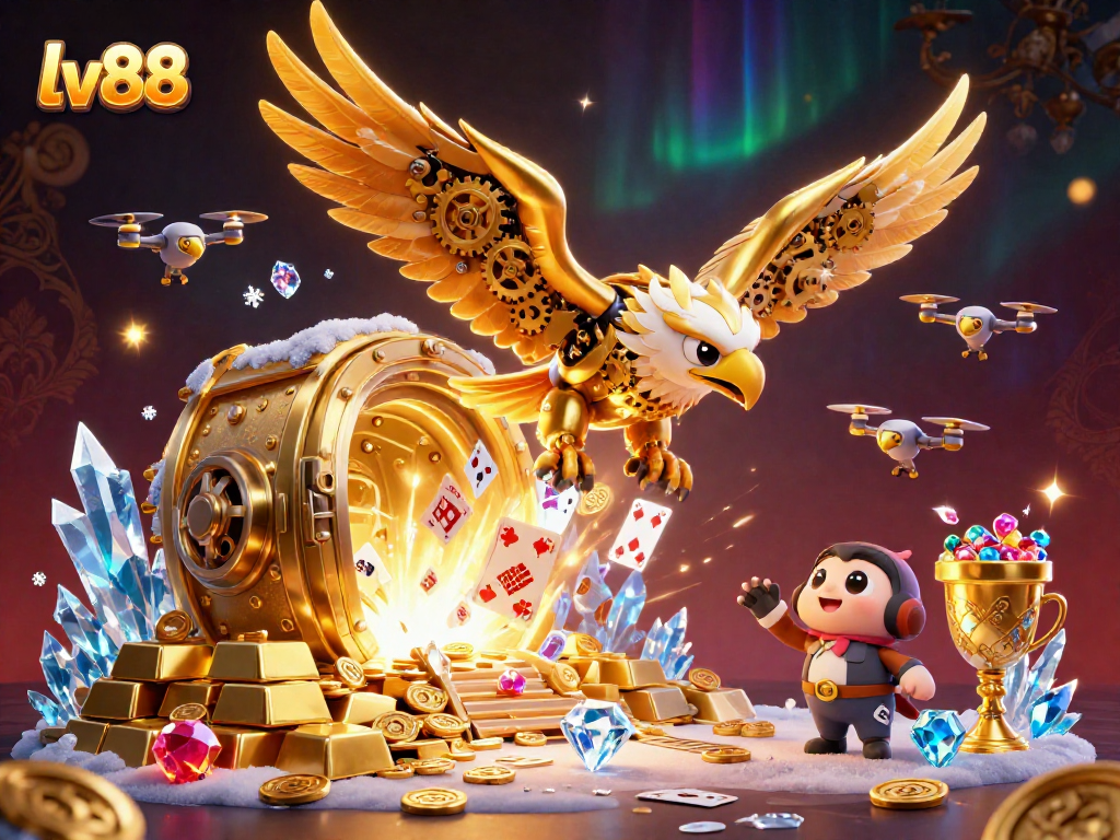 lv88 casino animation showcasing a cybernetic eagle soaring through holographic cards amidst gold treasures