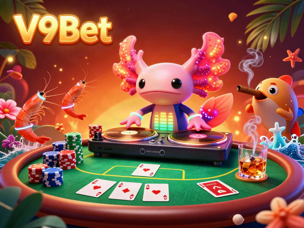 Experience the vibrant underwater casino vibe with V9Bet's neon DJ and lively characters.