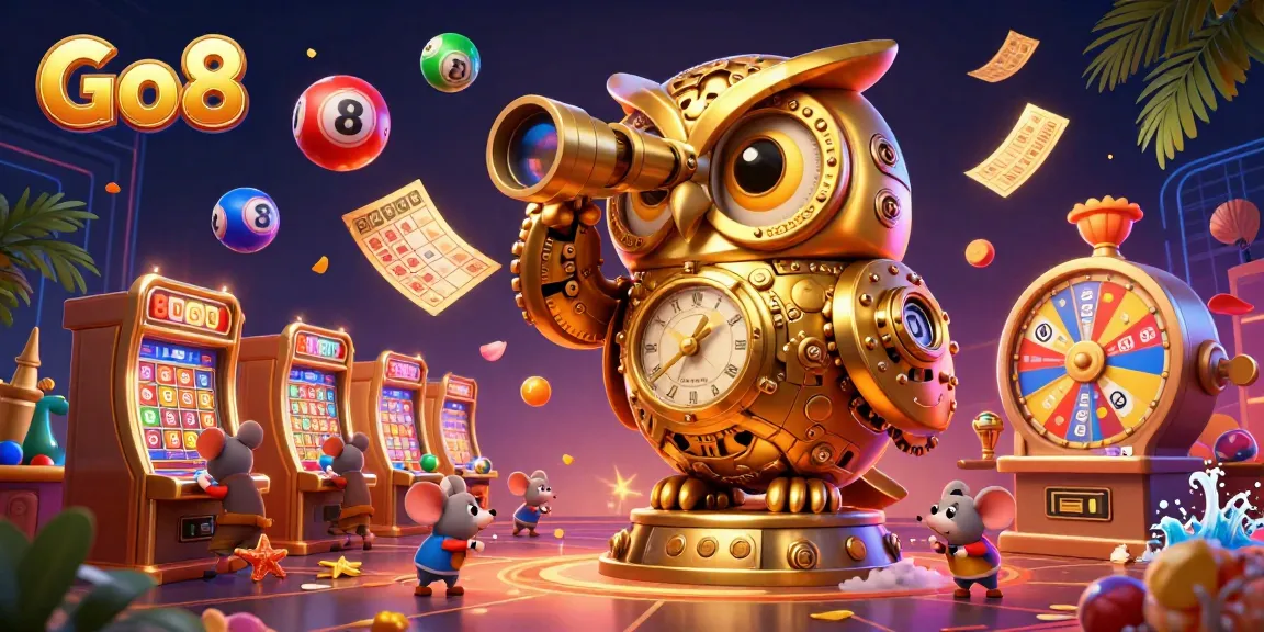 Engage with Go8's vibrant casino scene featuring an owl, mice, and dynamic lottery elements.