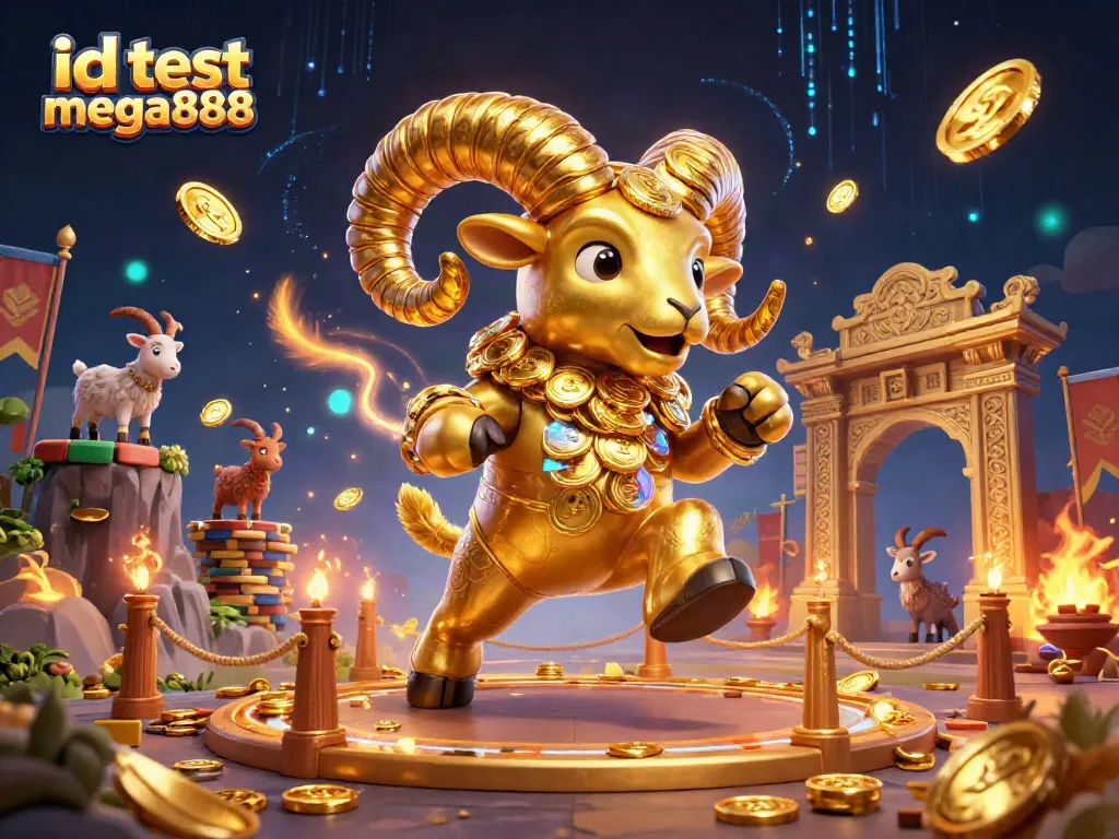Experience the thrill of id test mega888 with a dynamic 3D illustration featuring golden elements and immersive gameplay.