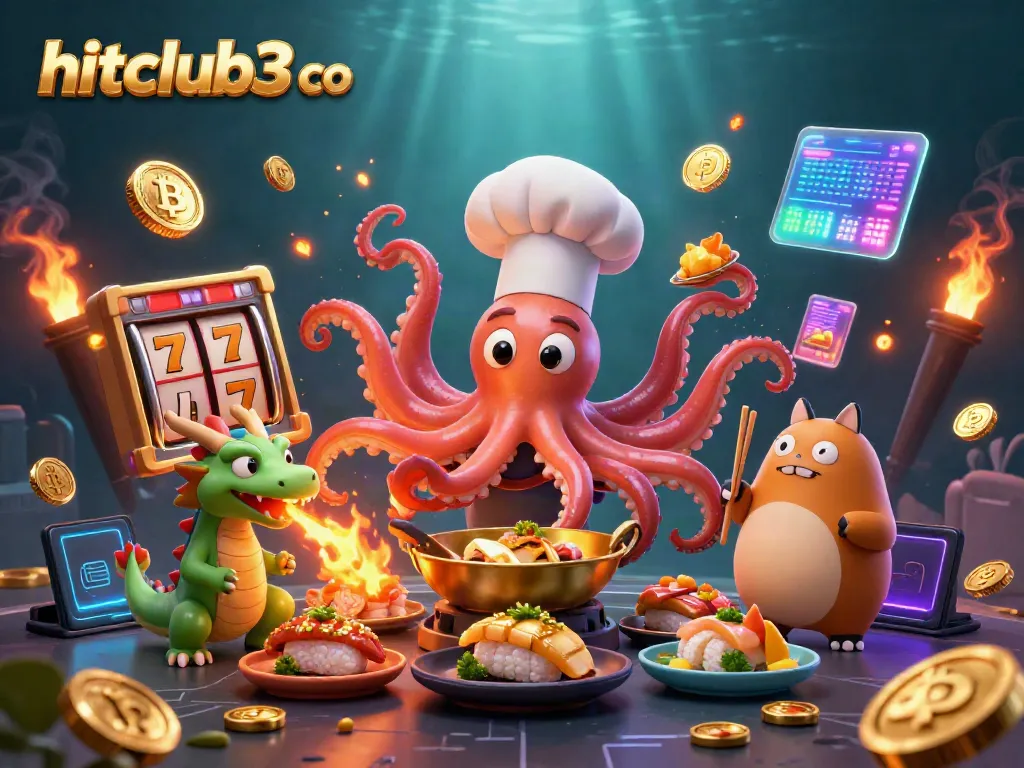 Experience the thrilling world of hitclub3 co, featuring a vibrant octopus chef and lively characters around glowing slot reels.