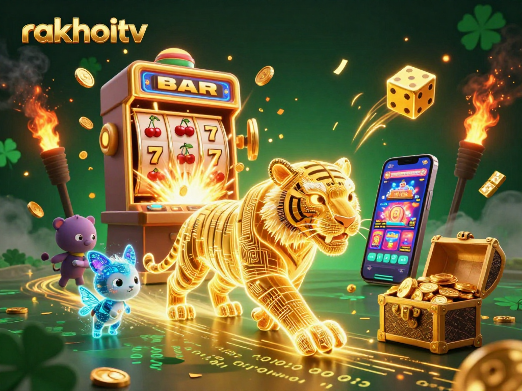 Engage with rakhoitv in this dynamic virtual casino scene featuring a golden tiger and jackpot elements.