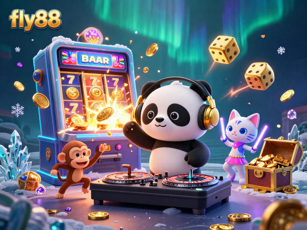 Engage with fly88 in a vibrant casino scene featuring a DJ panda and winning jackpots.