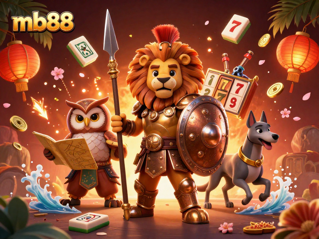 Engage with mb88's dynamic gaming experience featuring spirited characters among slot reels and casino elements.