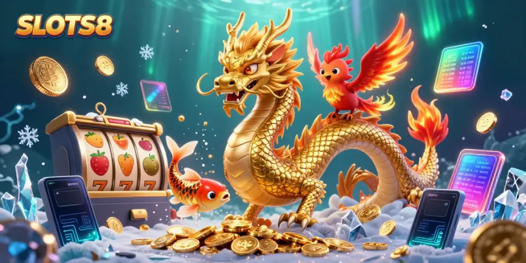 Experience exciting gaming with SLOTS8 featuring mythical creatures surrounded by vibrant slot reels.