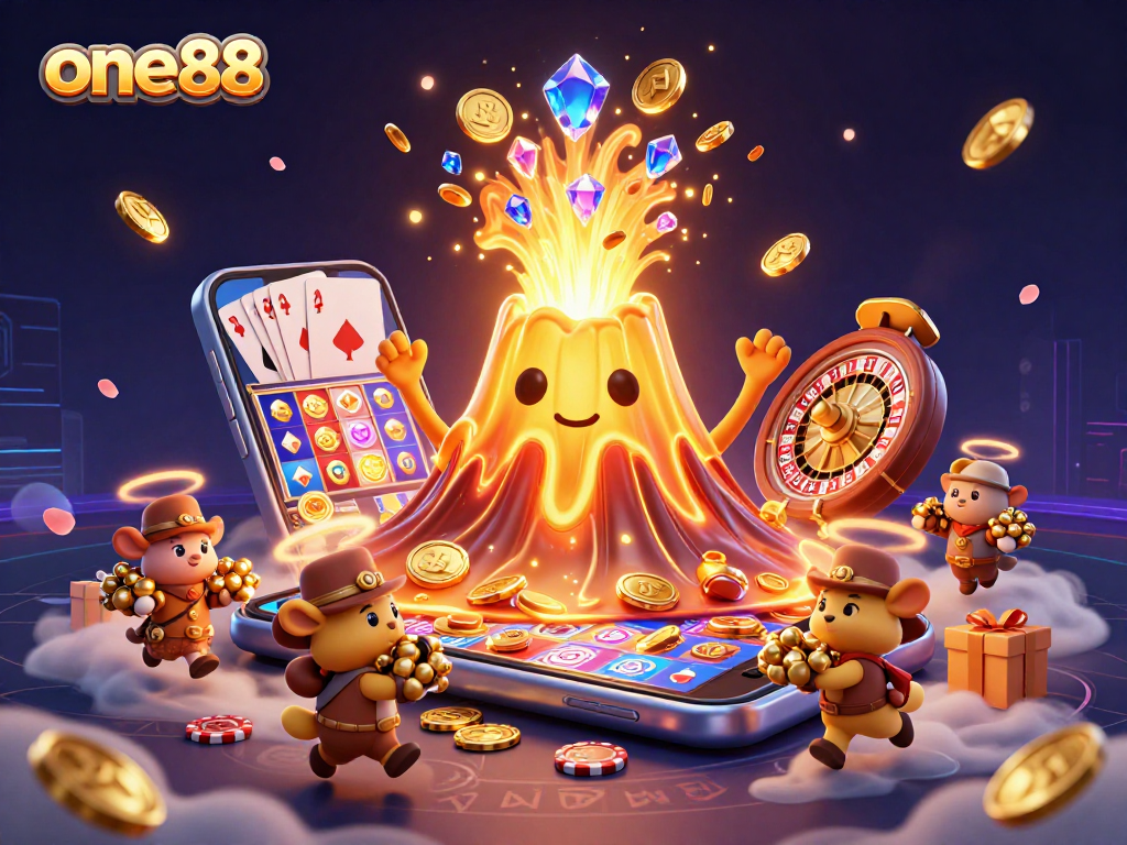 Engage with one88's vibrant casino experience, featuring a golden volcano and treasure-hunting animals amidst dynamic gaming elements.