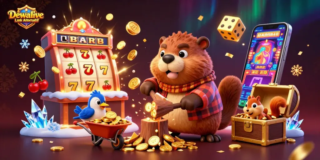 Dewalive Link Alternatif reveals a vivid scene of a beaver and friends amidst a jackpot explosion in a casino.