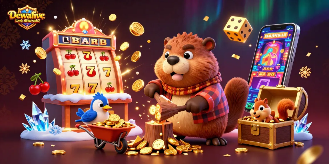 Dewalive Link Alternatif reveals a vivid scene of a beaver and friends amidst a jackpot explosion in a casino.