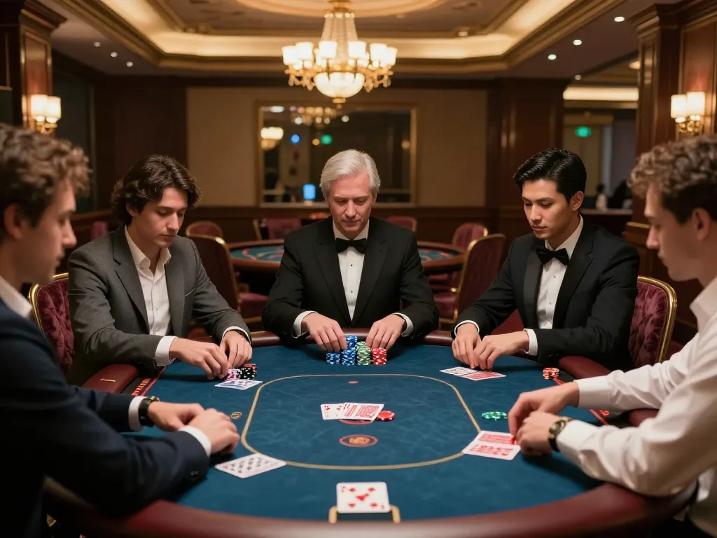 Players strategizing with chips at a luxurious table in GG88's upscale casino.