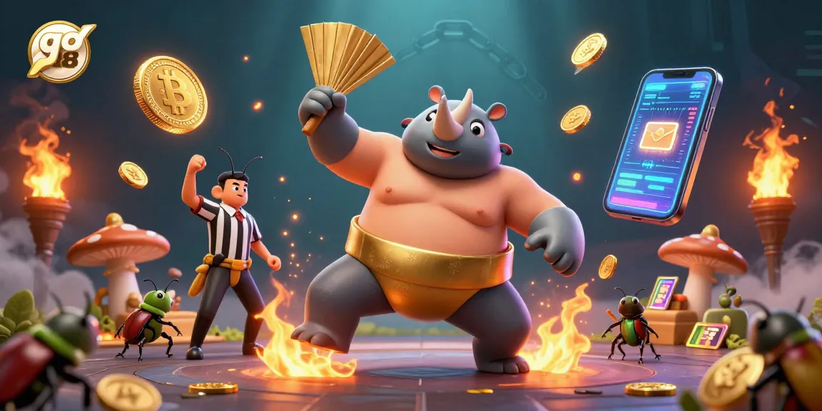 Experience thrilling gaming moments with go 88 as a rhinoceros beetle stomps golden coins in a vibrant crypto casino scene.