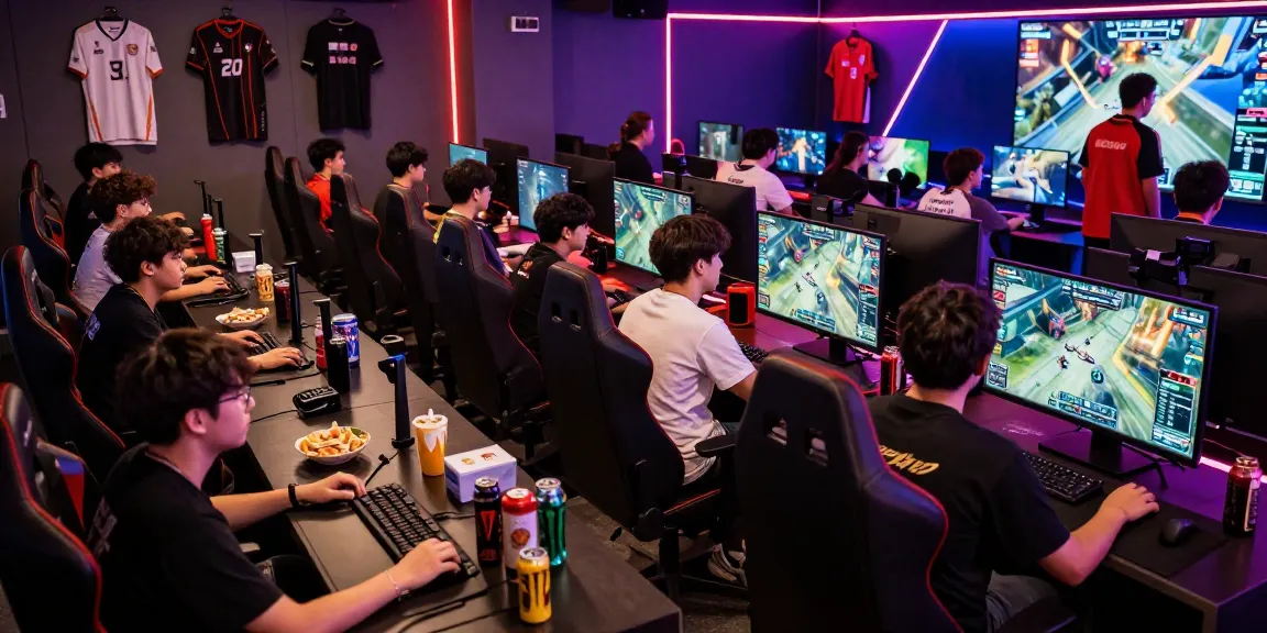 Suasana gaming esports di lounge dengan para penggemar boswin88 bersatu, layar besar dan energi tinggi.
