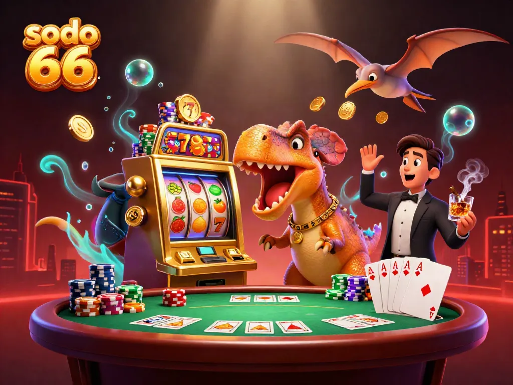 Experience the thrill of sodo 66 with a pachycephalosaurus at a golden slot machine amid dynamic action