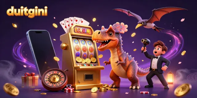 Duitgini features a vibrant illustratio of a dinosaur winning jackpots and celebrating in a busy casino.