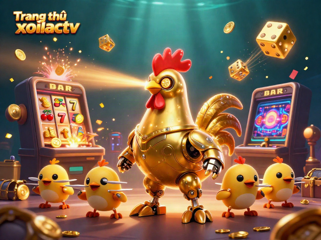 Experience excitement on Trang chủ xoilactv with a lively 3D scene of a futuristic golden rooster robot and baby chick drones.
