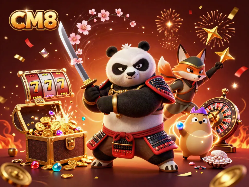 CM8 themed casino illustration with a samurai panda and gaming elements showcasing excitement.
