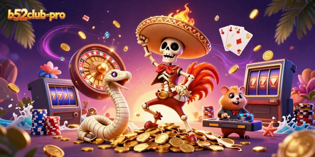 Experience the excitement of b52club-pro with vibrant casino characters celebrating on golden coins.
