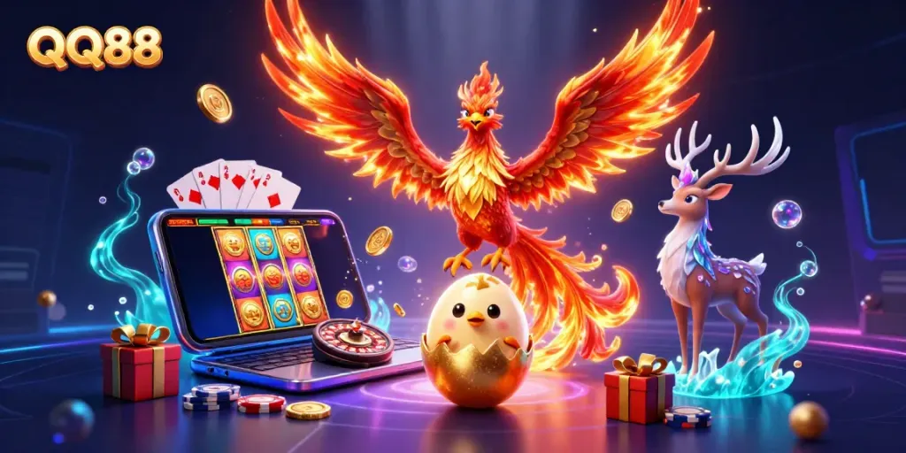 Experience the thrilling world of QQ88 with a vibrant 3D phoenix illustration soaring over dynamic gaming elements.