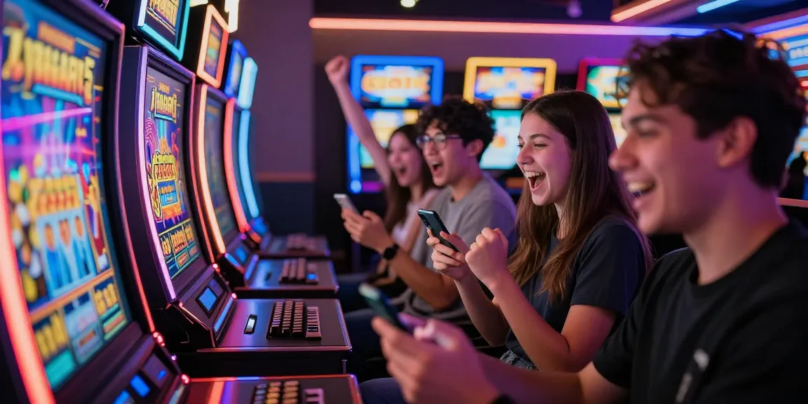 Exciting scene of players celebrating wins at vibrant slot gacor machines online.