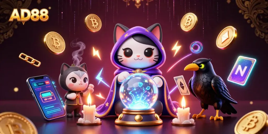 AD88 engages players with an enchanting scene featuring a mystic cat, tarot raven, and crypto elements.