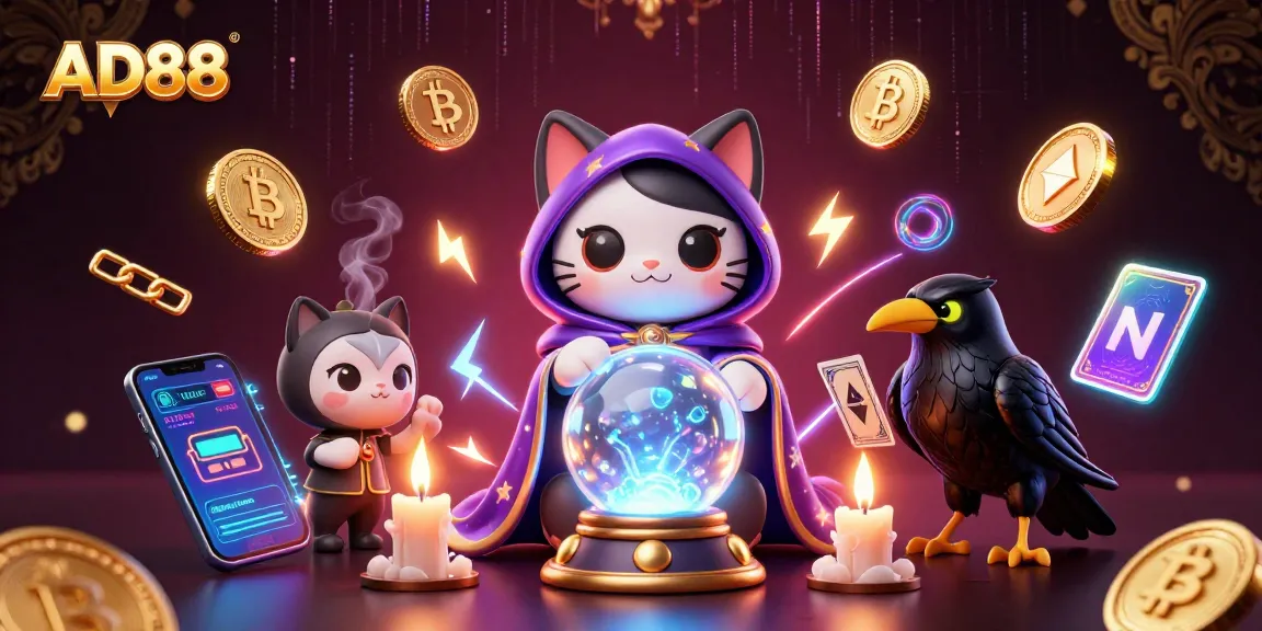 AD88 engages players with an enchanting scene featuring a mystic cat, tarot raven, and crypto elements.
