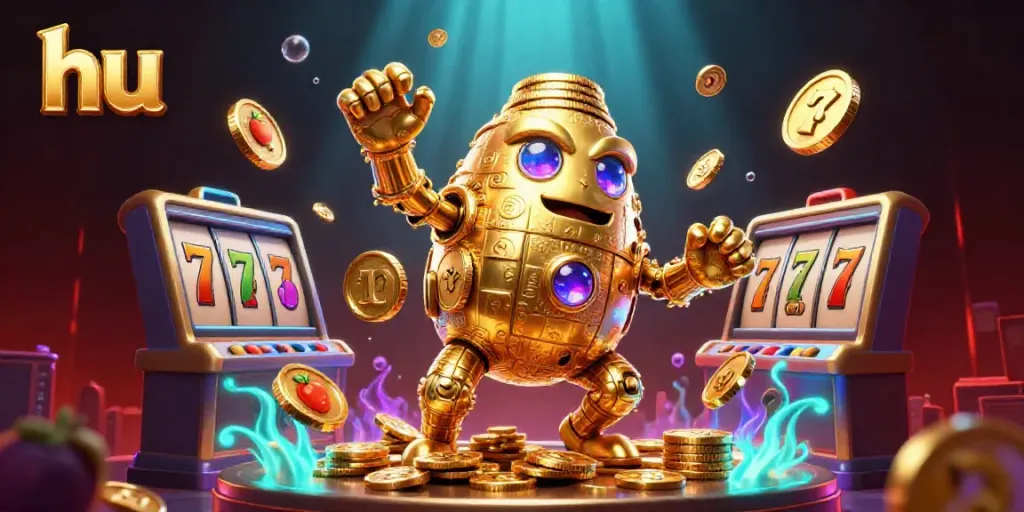 Engage with the hu-themed casino world, featuring a golden golem and slot machine symbols.