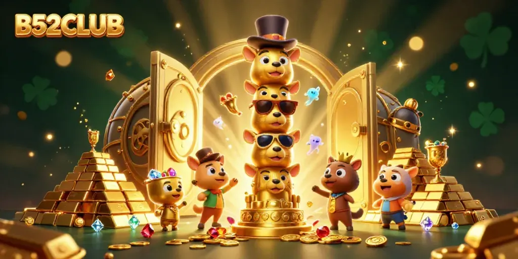 Experience the thrill of B52CLUB with the vibrant 3D totem and treasure-filled scene.