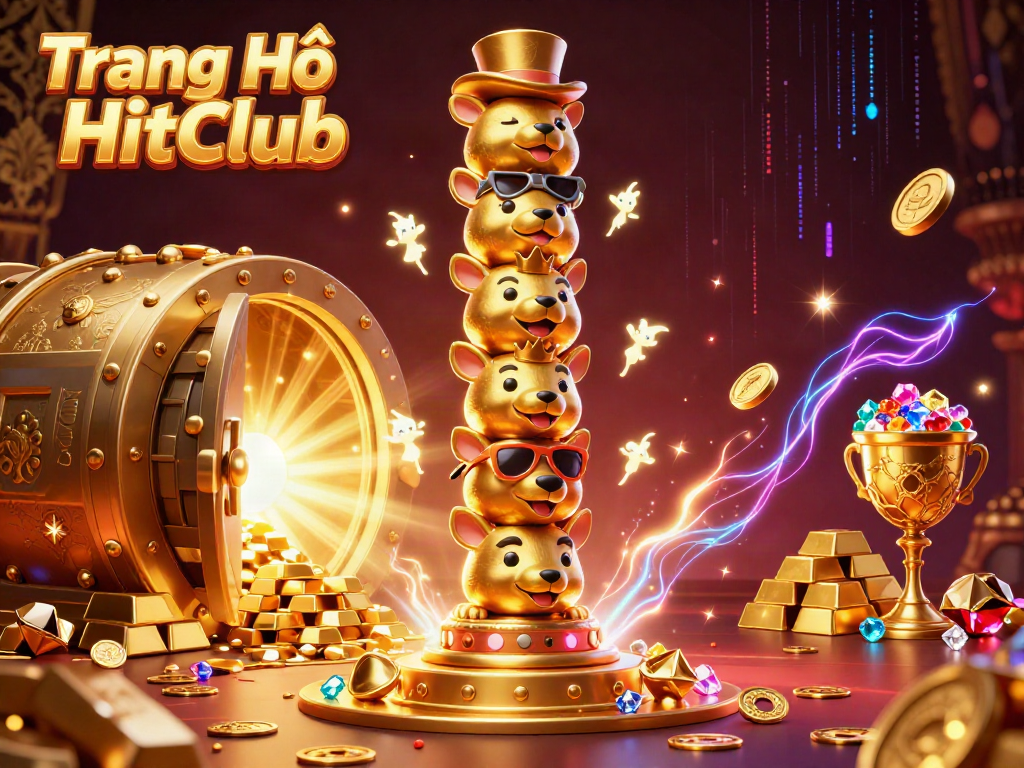 Engage with Trang Chủ HitClub in a vibrant 3D casino-themed scene full of treasures and lively characters.