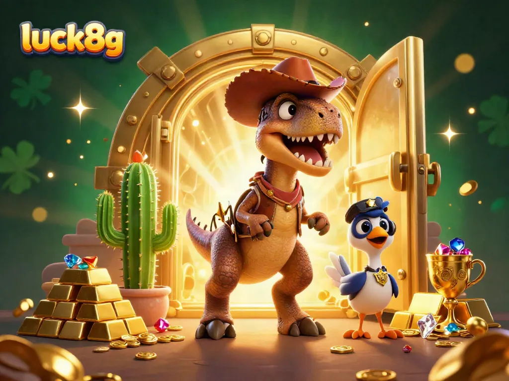Experience the thrill at luck8g with a 3D illustration of vibrant characters amidst gold treasures.