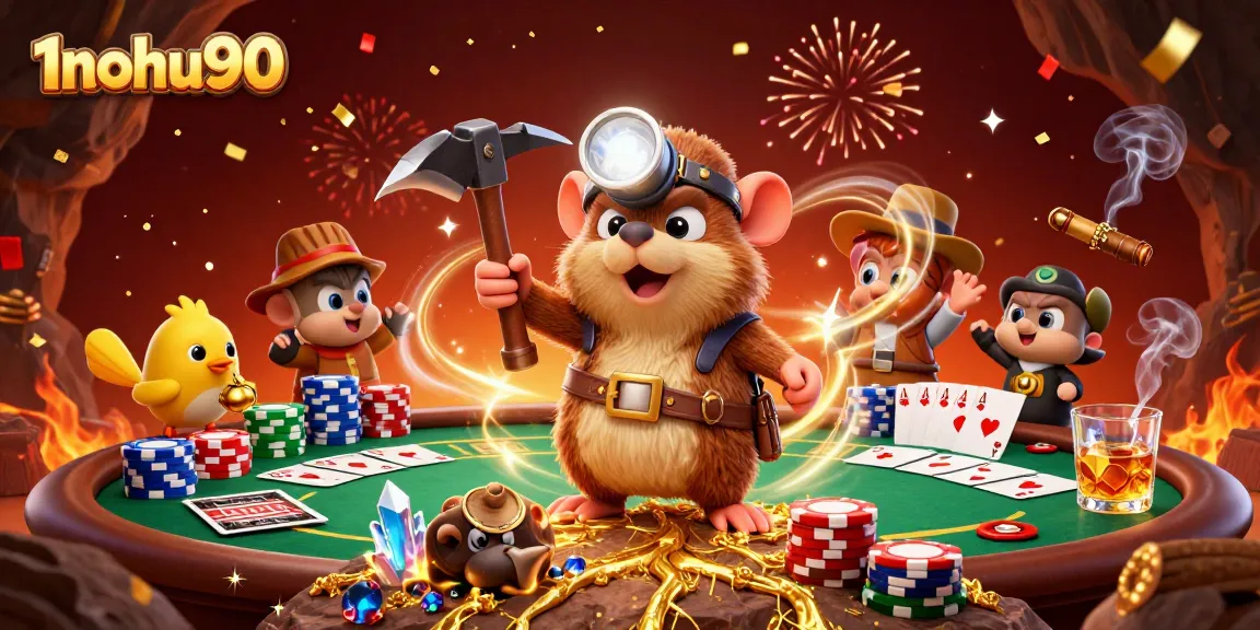 Experience the excitement of 1nohu90 with a treasure hunter mole amid a casino scene.